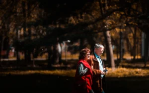 elderly couple out walking