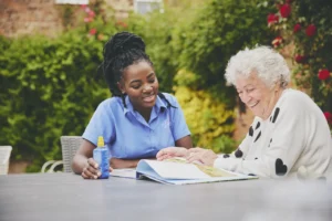 blossom home care client carer in the garden