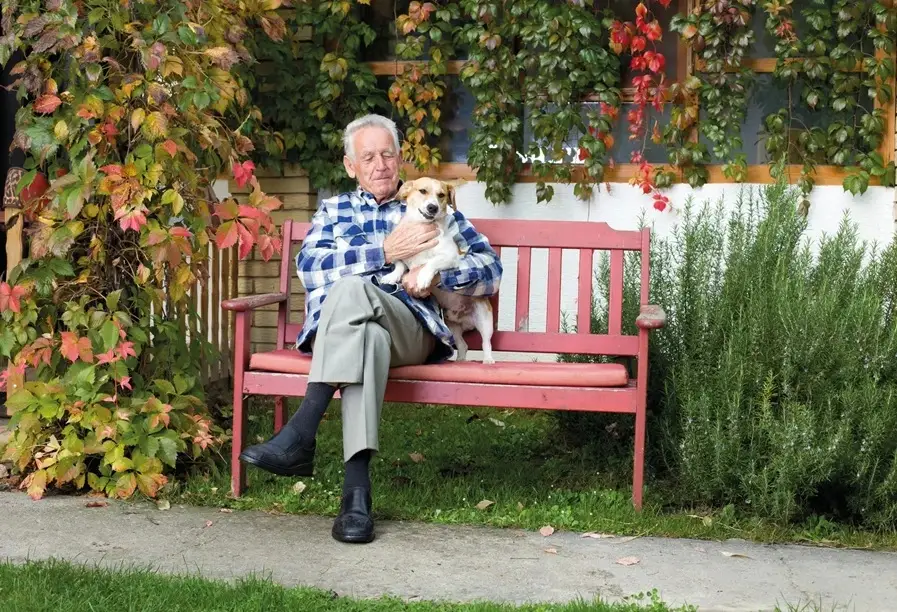 An old man sat on a bench holding a dog to show home care assistance.