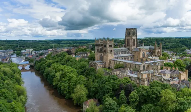 An aerial view of Durham Cathedral and river representing in-home care services in Durham