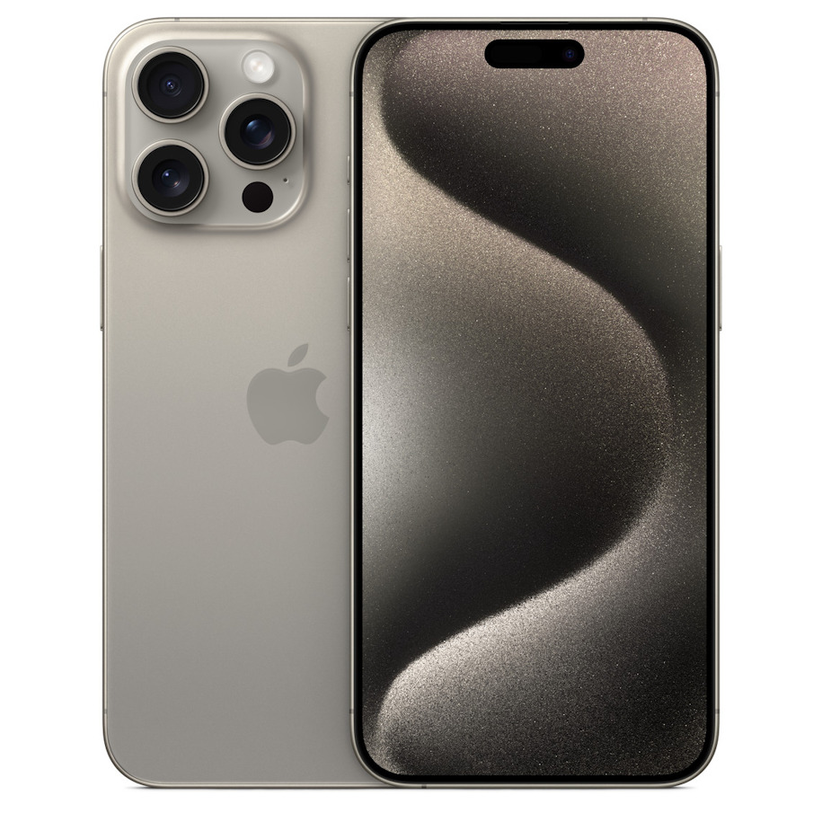 An iPhone 15 Pro Max viewed from the front and back.