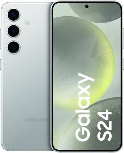 A Samsung Galaxy S24 viewed from the front and back.